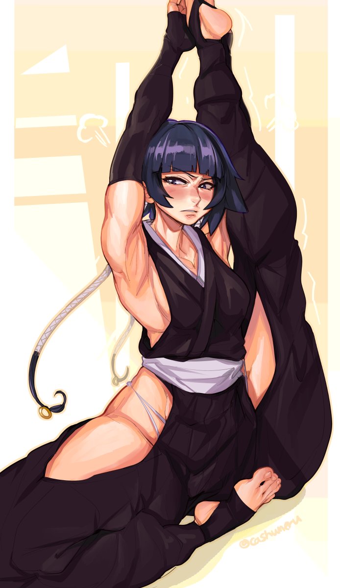 1girl =3 armpits arms_up artist_name bangs barefoot bleach blunt_bangs blush breasts cashumeru eyebrows_visible_through_hair feet gloves groin highres hip_vent japanese_clothes lips long_hair looking_at_viewer muscular muscular_female ninja nose_blush parted_lips short_hair sideboob signature simple_background sitting sleeveless solo stirrup_legwear sui-feng thighs toeless_legwear toenail_polish toes twitter_username