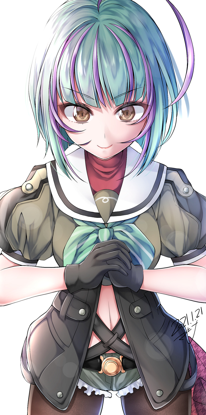 1girl ahoge antenna_hair belt black_belt black_gloves black_legwear bob_cut gloves green_hair green_neckwear green_shirt green_shorts grey_sailor_collar highres inverted_bob kantai_collection makina00 multicolored_hair orange_eyes pantyhose purple_hair sailor_collar sailor_shirt school_uniform serafuku shirt short_hair short_shorts short_sleeves shorts solo streaked_hair take_(kantai_collection)