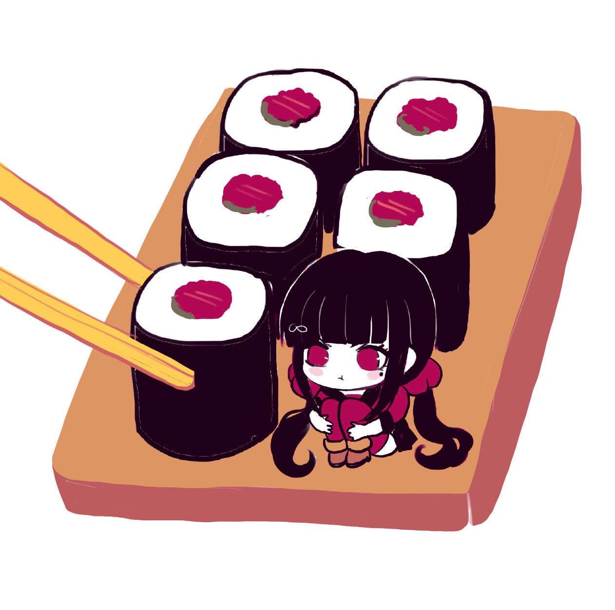 1girl ankle_boots bangs black_hair blunt_bangs blush_stickers boots brown_footwear chibi chopsticks closed_mouth commentary dangan_ronpa_(series) dangan_ronpa_v3:_killing_harmony english_commentary food hair_ornament hairclip harukawa_maki highres long_hair long_sleeves low_twintails minigirl missarilicious mole mole_under_eye pout pun red_eyes red_legwear simple_background sitting solo sushi twintails white_background