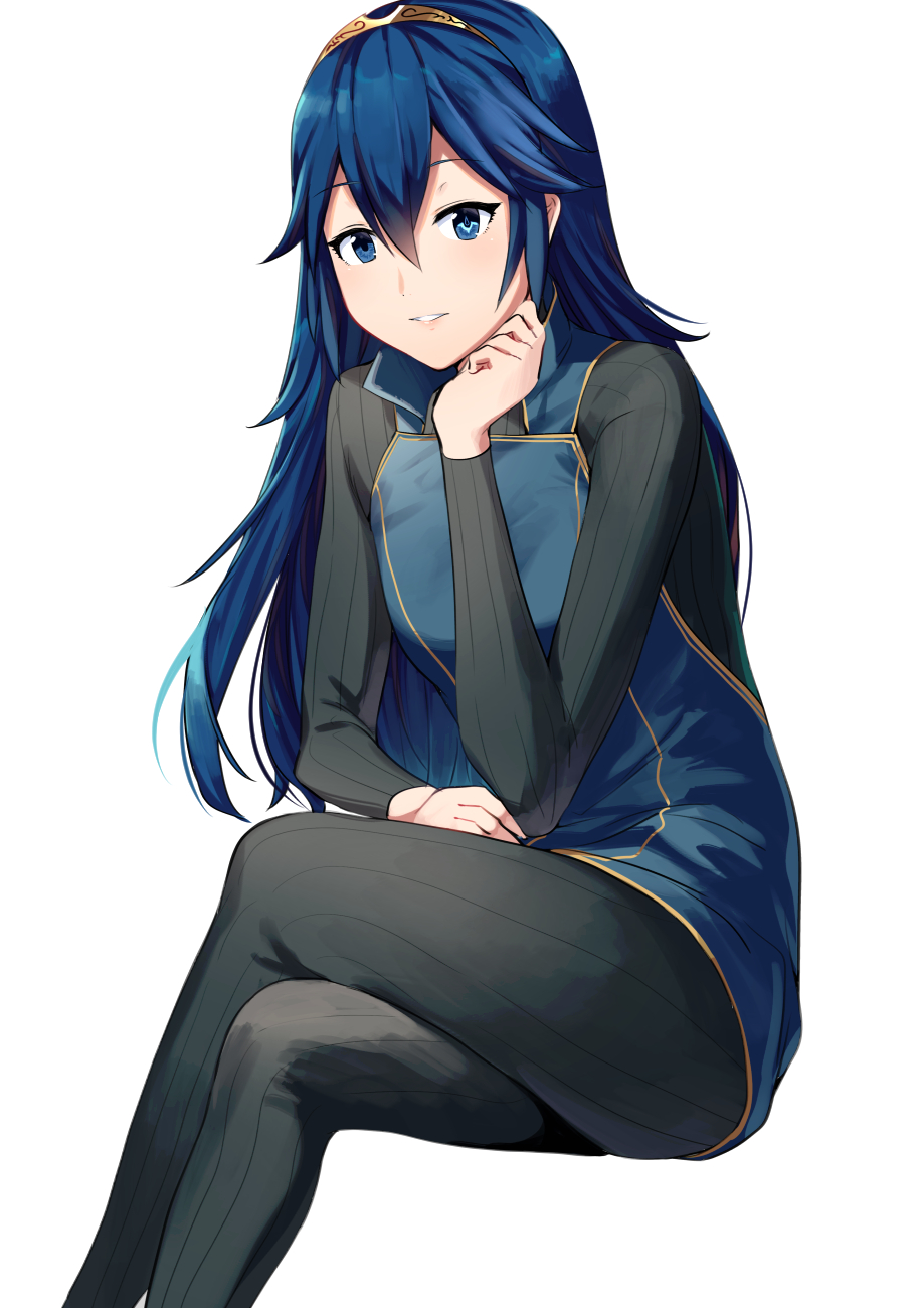 1girl ameno_(a_meno0) blue_eyes blue_hair crossed_legs fire_emblem fire_emblem_awakening flat_chest hair_between_eyes hand_on_own_face highres long_hair long_sleeves looking_at_viewer lucina_(fire_emblem) simple_background sitting smile solo symbol-shaped_pupils tiara white_background