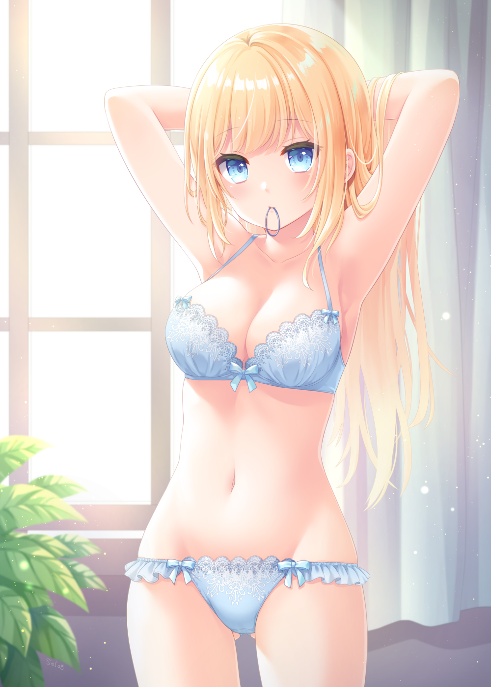 1girl armpits arms_behind_head arms_up ass_visible_through_thighs bangs blonde_hair bloom blue_bra blue_eyes blue_panties blush bow bow_bra bow_panties bra breasts collarbone cowboy_shot curtains eyebrows_visible_through_hair frilled_panties frills hair_tie hair_tie_in_mouth highres indoors lace-trimmed_bra lace-trimmed_panties lace_trim light_particles long_hair looking_at_viewer medium_breasts morning mouth_hold navel original panties plant solo standing stardrop sunlight tying_hair underwear underwear_only window