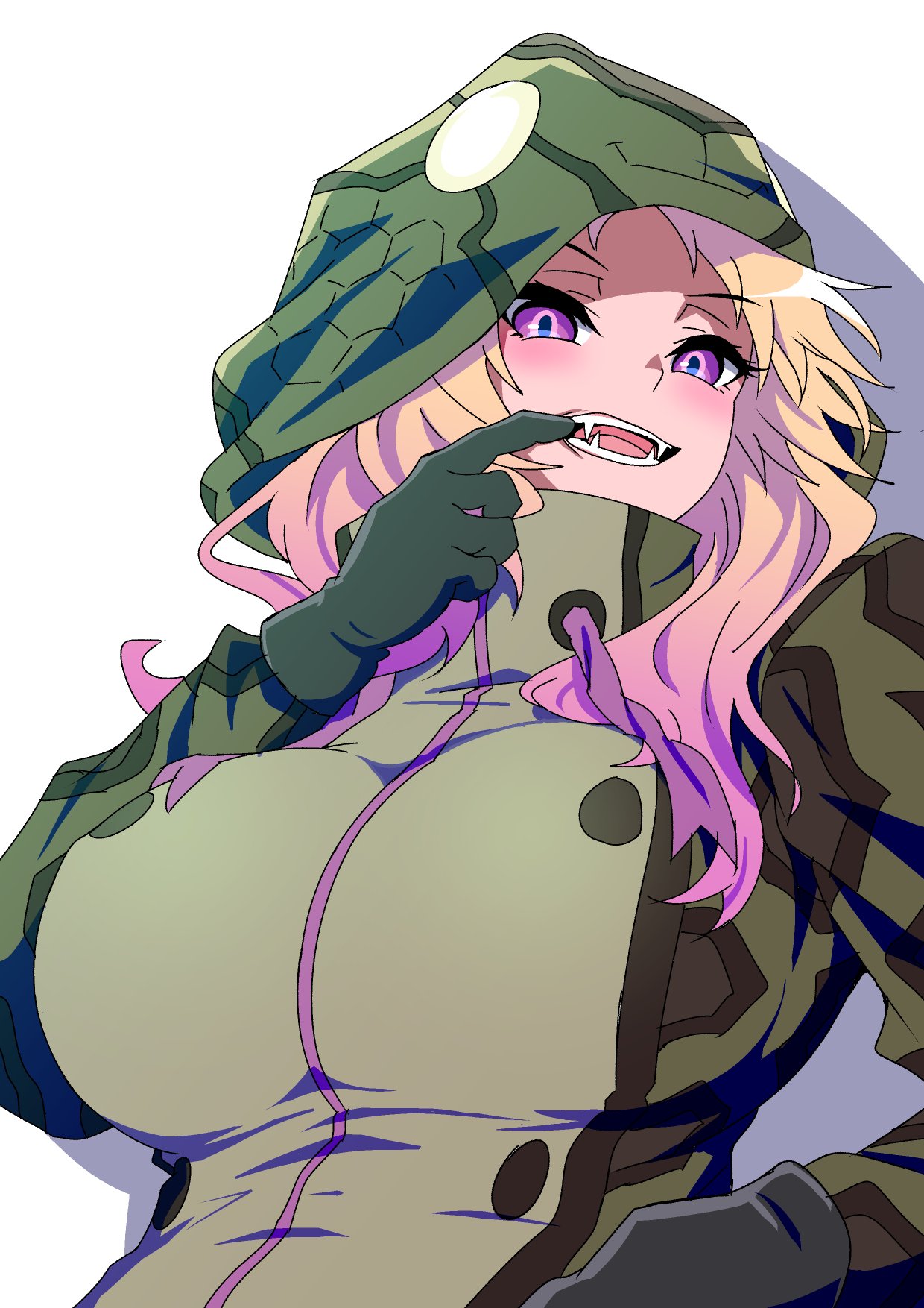 1girl african_rock_python_(kemono_friends) blonde_hair breasts collared_jacket drawstring fangs finger_in_mouth gloves hand_up high_collar highres hood hood_up hooded_jacket huge_breasts jacket kemono_friends light_smile long_hair long_sleeves looking_at_viewer mouth_pull multicolored_hair open_mouth purple_hair quatre_aaaa solo teeth upper_body violet_eyes