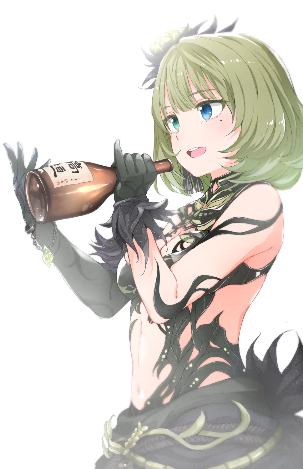 1girl bare_shoulders black_dress black_gloves blue_eyes bottle clothing_cutout commentary_request dress elbow_gloves gloves gomennasai green_eyes green_hair heterochromia highres holding holding_bottle idolmaster idolmaster_cinderella_girls medium_hair mole mole_under_eye navel open_mouth pinky_out single_elbow_glove solo stomach_cutout takagaki_kaede white_background
