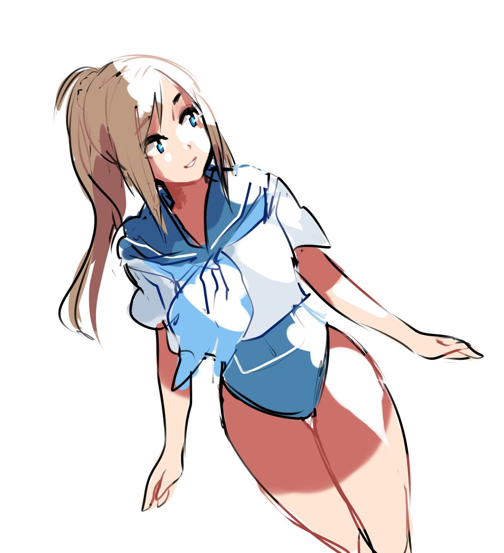 1girl azuumori blue_eyes blue_neckwear blue_sailor_collar blue_swimsuit brown_hair long_hair neckerchief one-piece_swimsuit original ponytail sailor_collar school_swimsuit school_uniform serafuku shirt short_sleeves simple_background smile solo swimsuit thigh_gap white_background white_shirt