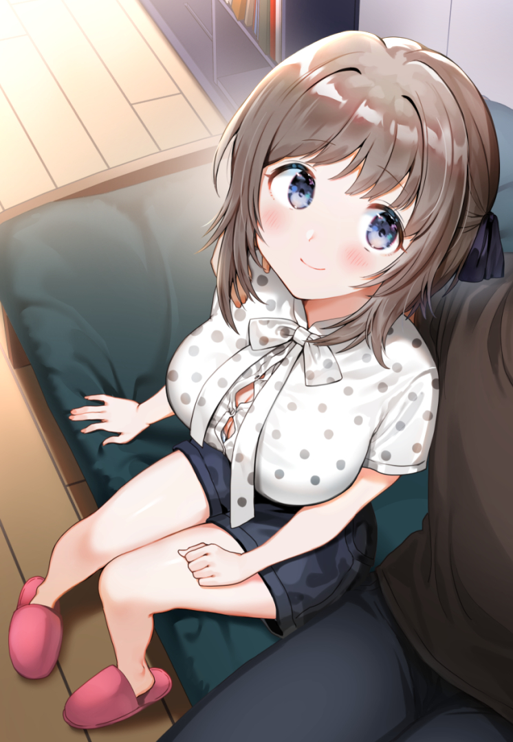 1boy 1girl bangs black_skirt blue_eyes blush breasts brown_hair closed_mouth couch couple floor hair_ornament indoors large_breasts looking_at_viewer nishizawa original polka_dot shirt short_hair short_sleeves sitting skirt slippers smile white_shirt