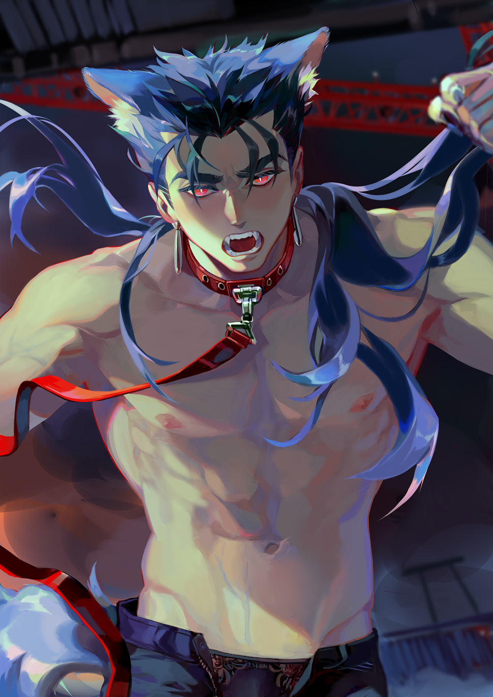 1boy abs alternate_costume angry animal_ears blue_hair blush collar cu_chulainn_(fate)_(all) dog_boy dog_ears earrings fangs fate/stay_night fate_(series) floating_hair groin highres jewelry lancer leash long_hair looking_at_viewer male_focus muscular navel nipples open_mouth open_pants pants pectorals red_eyes solo spiky_hair taro-k type-moon underwear