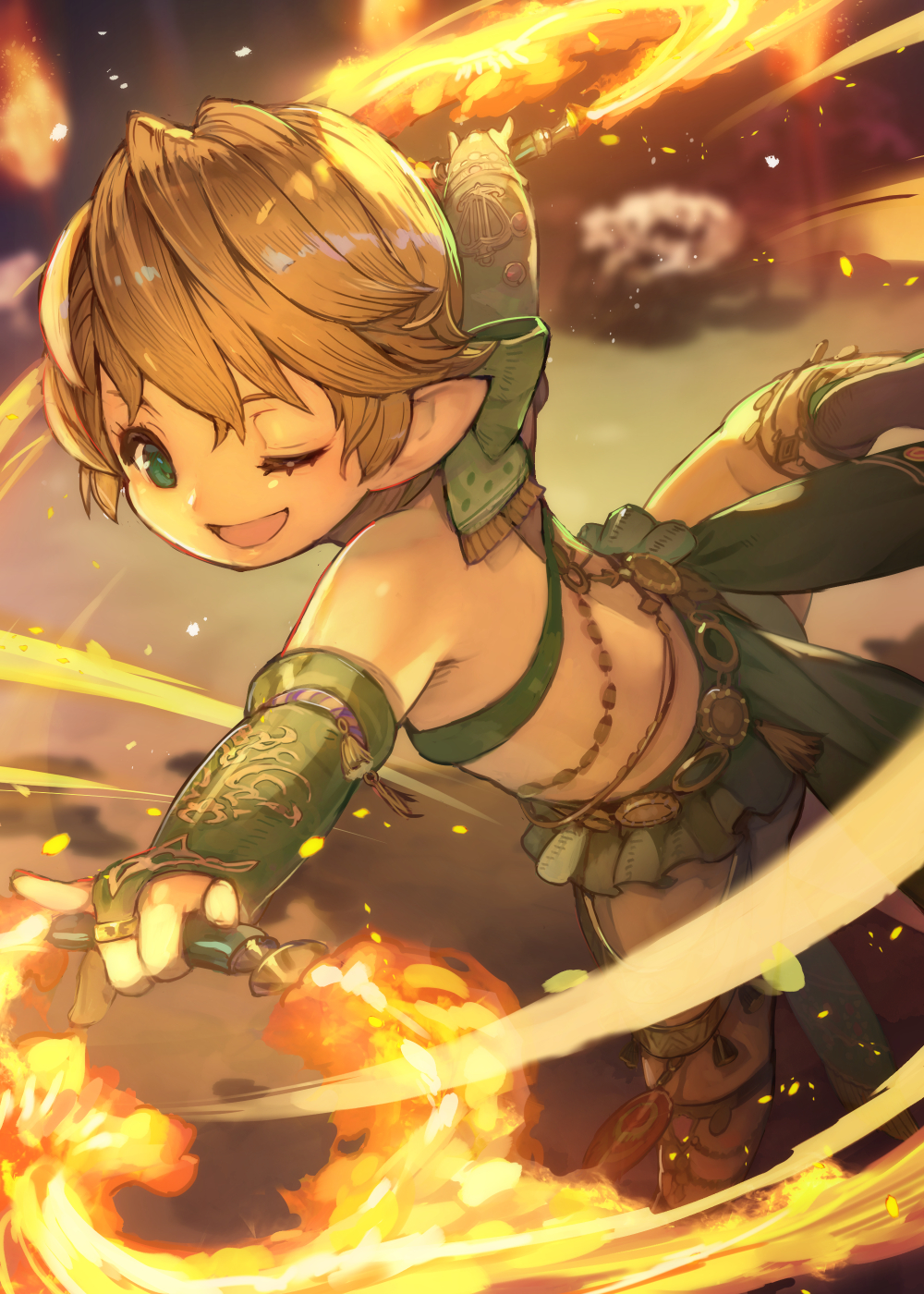 1girl bandeau blonde_hair blurry blurry_background bow chakram dancer_(final_fantasy) final_fantasy final_fantasy_xiv green_bow green_eyes hair_bow hide_(hideout) highres lalafell looking_at_viewer one_eye_closed open_mouth pointy_ears short_hair solo weapon