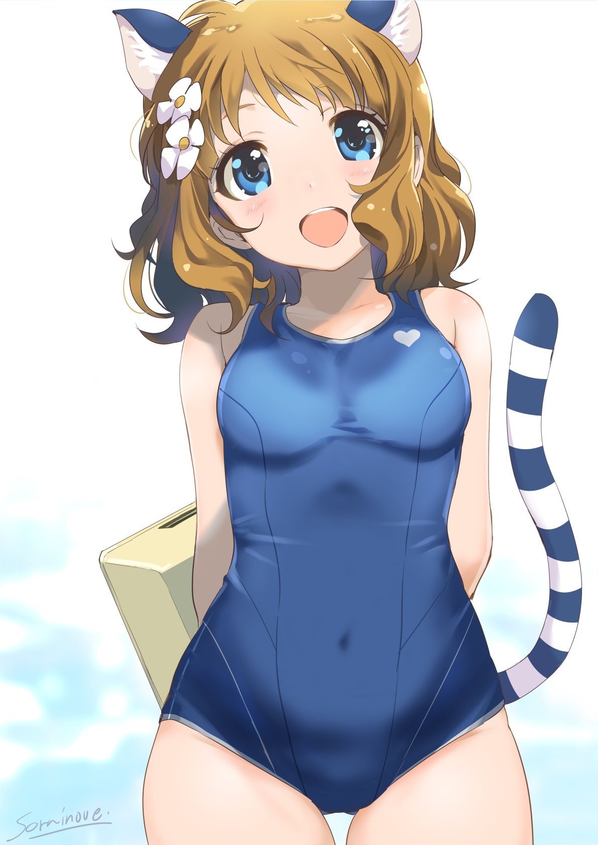 1girl :d animal_ear_fluff animal_ears arms_behind_head artist_name bangs blue_eyes blue_swimsuit brown_hair cat_ears cat_tail commentary_request covered_navel cowboy_shot flower hair_flower hair_ornament heart heart_print highres holding idolmaster idolmaster_million_live! inoue_sora kemonomimi_mode looking_at_viewer medium_hair object_behind_back one-piece_swimsuit open_mouth revision school_swimsuit signature smile solo standing striped_tail suou_momoko swimsuit tail white_background white_flower