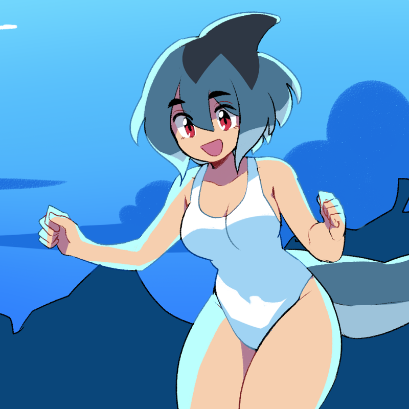 1girl :d azuumori bare_arms bare_shoulders blue_background blue_hair blue_theme breasts commentary cowboy_shot english_commentary fins fish_tail hair_between_eyes hands_up large_breasts legs_together medium_hair one-piece_swimsuit open_mouth original red_eyes shark_fin shark_girl_(azuumori) shark_tail smile solo swimsuit tail white_swimsuit