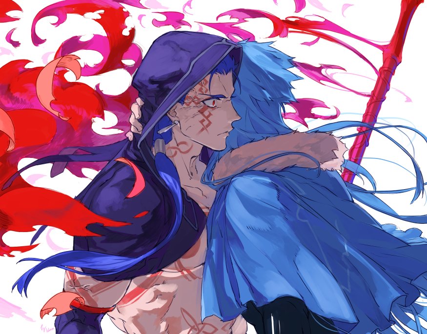 2boys blue_hair bodypaint capelet closed_mouth cu_chulainn_(fate)_(all) cu_chulainn_(fate/grand_order) cu_chulainn_alter_(fate/grand_order) dark_persona earrings facepaint fate/grand_order fate_(series) floating_hair fur-trimmed_hood fur_trim gae_bolg hood hood_down hood_up hooded_capelet hug iz_izhara jewelry long_hair male_focus multiple_boys multiple_persona muscular ponytail red_eyes shirtless spiky_hair type-moon veins