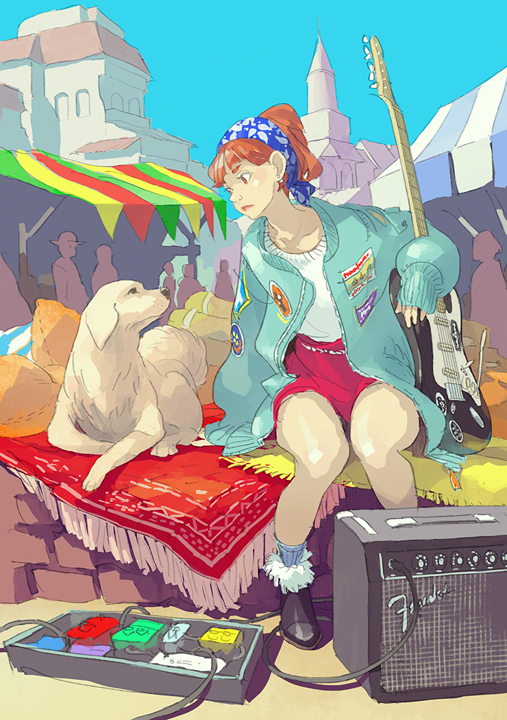 1girl amplifier_(instrument) aqua_jacket black_footwear blue_eyes boots brown_hair building dog full_body guitar instrument jacket long_hair original outdoors pedal_(instrument) pillow pomodorosa red_skirt rug shirt sitting skirt white_shirt