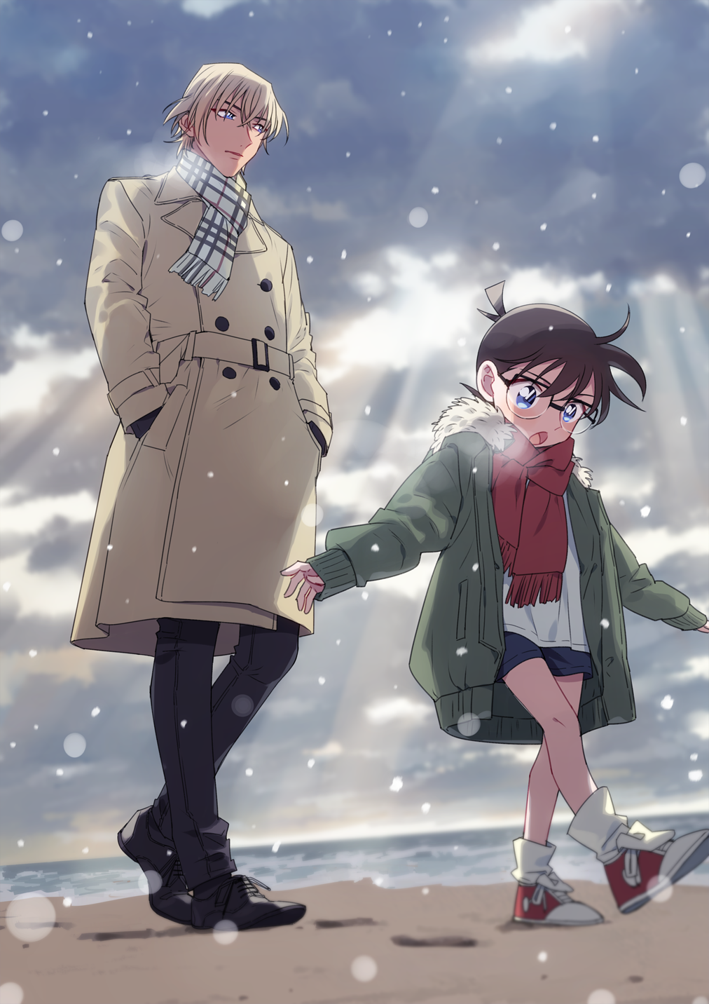 2boys amuro_tooru bangs beach black-framed_eyewear black_footwear black_pants blonde_hair blue_shorts blush breath brown_coat brown_hair casual clouds cloudy_sky coat commentary_request day edogawa_conan footprints from_side full_body fur-trimmed_jacket fur_trim glasses green_jacket grey_scarf hair_between_eyes hands_in_pockets highres holding_hands hood hood_down hooded_jacket jacket k_(gear_labo) leg_up long_sleeves looking_down looking_to_the_side male_focus meitantei_conan multiple_boys ocean open_clothes open_jacket open_mouth pants plaid plaid_scarf red_scarf sand scarf shirt shoes shorts sky sneakers snowing sunlight walking white_shirt
