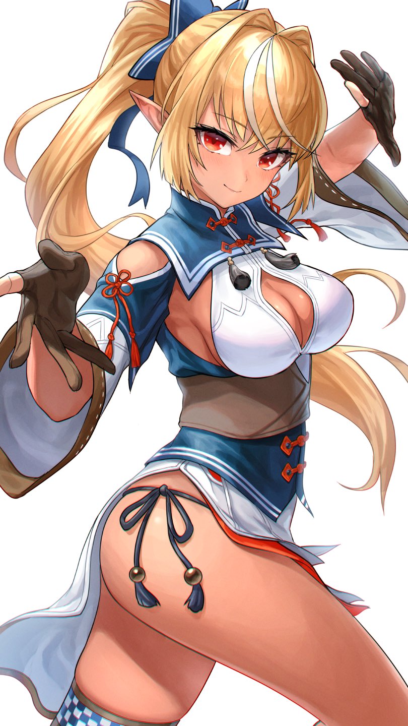 1girl armpits blonde_hair bow breasts cleavage_cutout clothing_cutout dark_elf dark_skin dark-skinned_female deca_purio duplicate elf eyebrows_visible_through_hair gloves hair_bow hair_intakes highres hololive long_hair panties pointy_ears ponytail pose red_eyes shiranui_flare side-tie_panties sideboob simple_background smile solo thighs underwear white_background