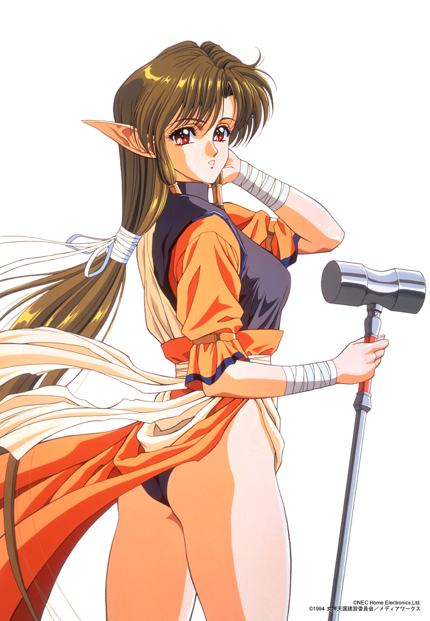 1990s_(style) 1994 1girl anjela bandages brown_hair company_name copyright cowboy_shot hair_tubes hammer hand_on_own_face highres holding long_hair long_pointy_ears looking_at_viewer megami_paradise non-web_source official_art parted_lips photoshop_(medium) pink_background pointy_ears red_eyes short_sleeves sidelocks simple_background solo very_long_hair white_background yoshizane_akihiro