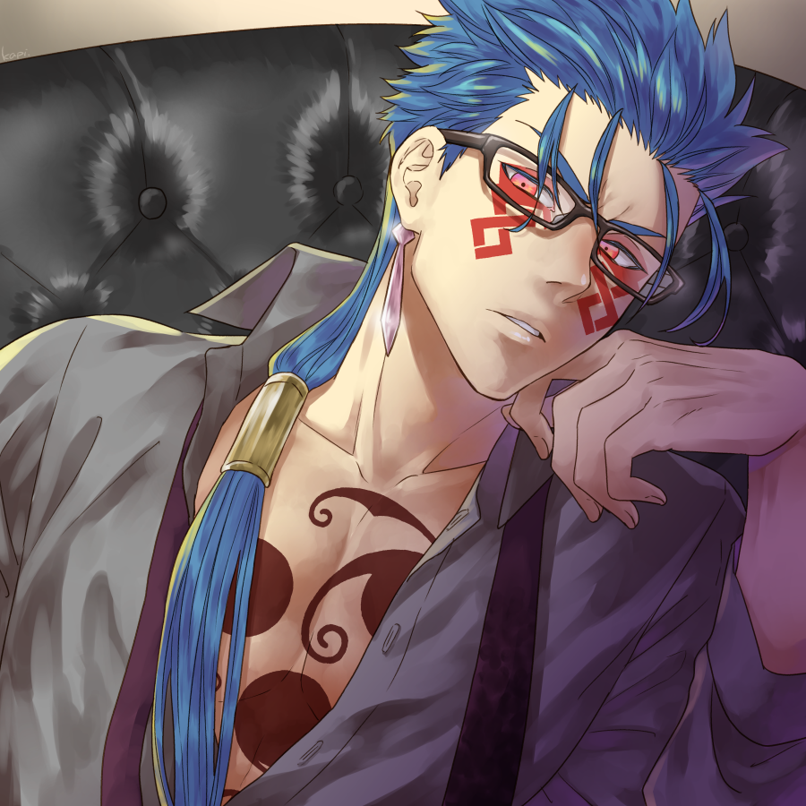 1boy afglo angry beads bespectacled blue_hair bodypaint close-up closed_mouth collared_shirt cu_chulainn_(fate)_(all) cu_chulainn_alter_(fate/grand_order) dark_persona earrings facepaint fate/grand_order fate_(series) formal glasses hair_beads hair_ornament head_rest jewelry long_hair long_sleeves looking_at_viewer male_focus necktie open_clothes open_shirt ponytail red_eyes shirt solo spiky_hair type-moon undone_necktie
