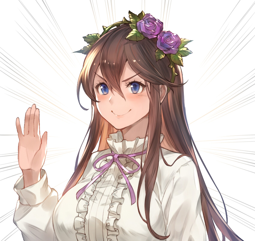 1girl bangs blush breasts brown_hair closed_mouth collar collared_shirt commentary_request eyebrows_visible_through_hair flower granblue_fantasy hair_between_eyes hair_flower hair_ornament hand_up kakage lips long_hair long_sleeves looking_at_viewer neck_ribbon pink_neckwear pink_ribbon purple_flower purple_rose ribbon rose rosetta_(granblue_fantasy) shirt sidelocks simple_background smile solo thigh-highs upper_body very_long_hair white_background white_shirt