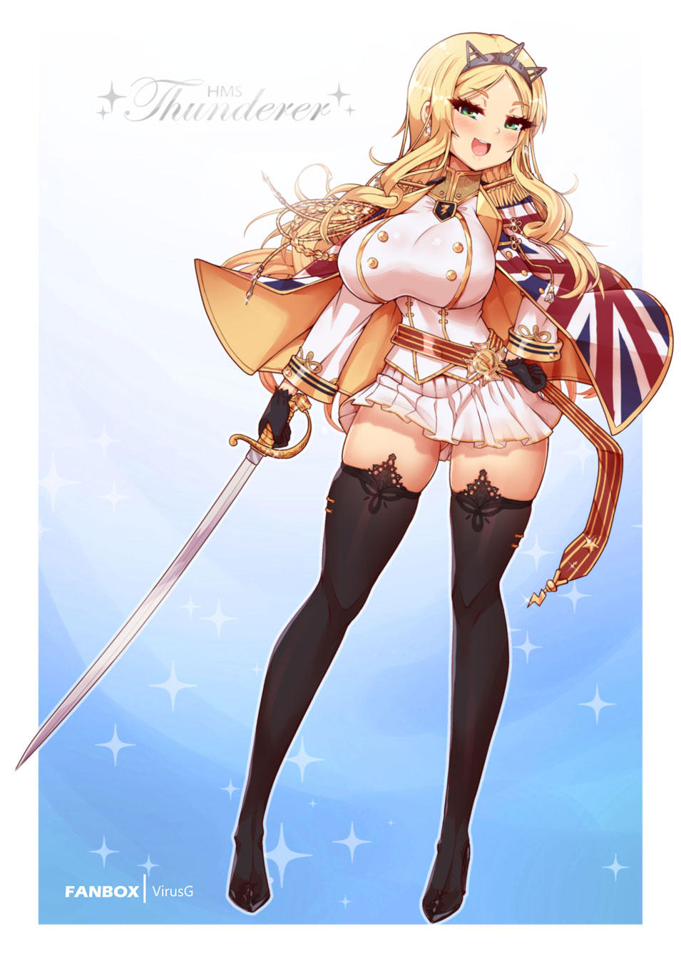 1girl black_footwear black_gloves blonde_hair boots breasts character_name commission english_commentary flag_print full_body gloves green_eyes highres holding holding_sword holding_weapon large_breasts long_hair miniskirt original personification pleated_skirt print_capelet shirt skirt solo standing sword thigh-highs thigh_boots thunderer_(world_of_warships) union_jack virus-g weapon white_shirt world_of_warships