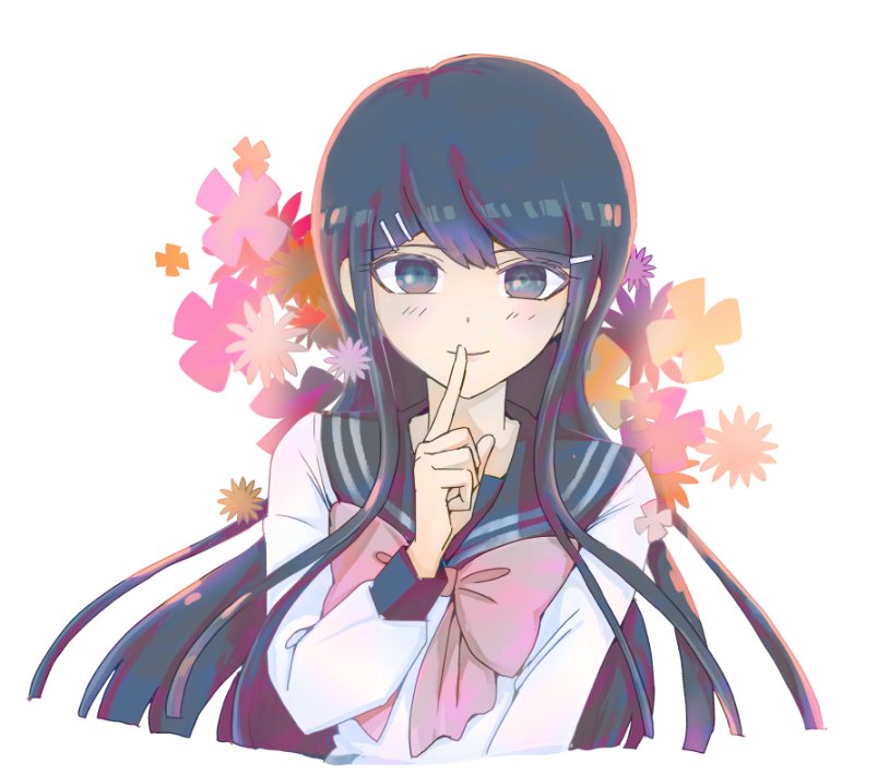 1girl bangs black_eyes blue_eyes blue_hair blush bow closed_mouth cropped_torso dangan_ronpa:_trigger_happy_havoc dangan_ronpa_(series) erigushi finger_to_mouth hair_ornament hairclip hand_up index_finger_raised long_hair long_sleeves looking_at_viewer maizono_sayaka pink_bow sailor_collar school_uniform shirt shushing smile solo striped upper_body white_background white_shirt