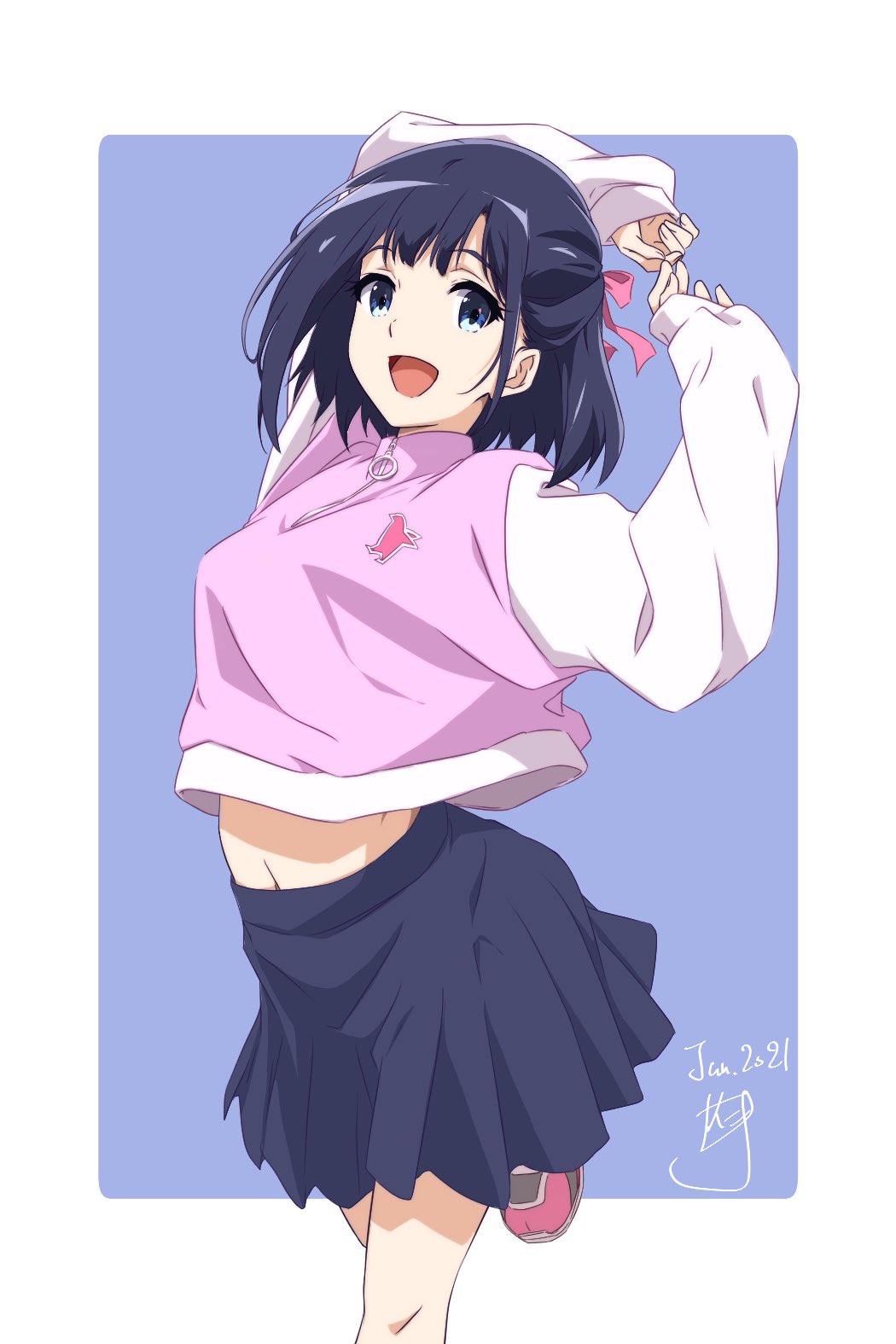 1girl :d arms_up black_hair blue_eyes blue_skirt dated hair_ribbon highres long_sleeves midriff navel nii_manabu open_mouth original pink_shirt pleated_skirt ribbon running shirt shoes short_hair signature simple_background skirt smile solo sweatshirt two-tone_background