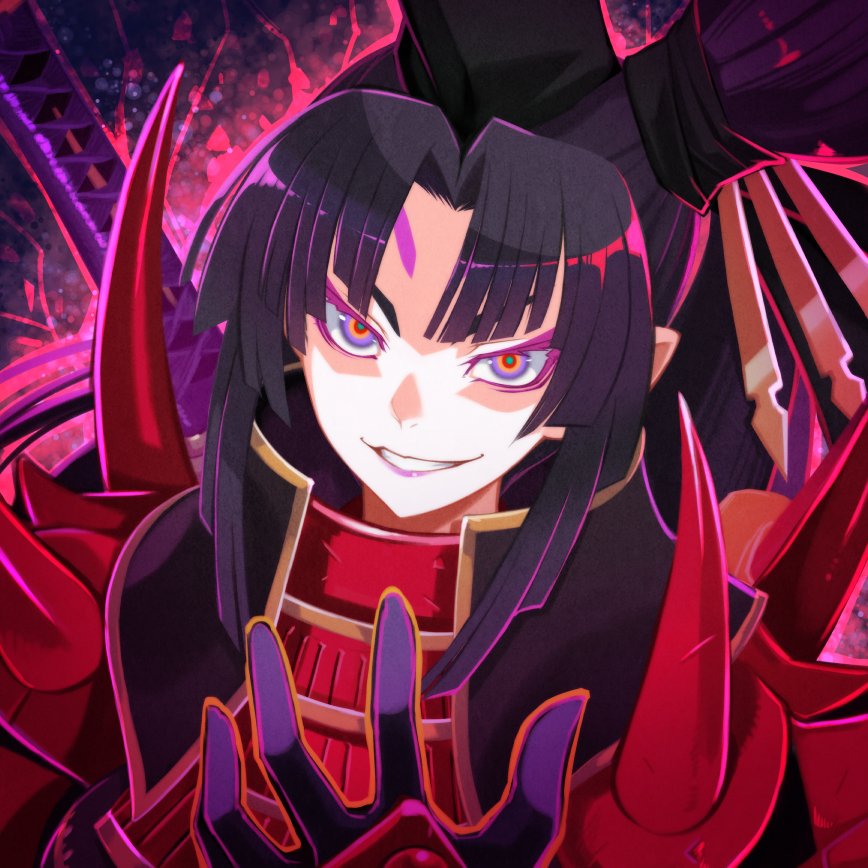 1girl armor bangs black_gloves black_hair breasts eyeliner fate/grand_order fate_(series) gloves grin hair_bun hat japanese_armor katana long_hair makeup mask_on_shoulder multicolored multicolored_eyes nada_haruka orange_eyes parted_bangs ringed_eyes side_bun side_ponytail sidelocks smile sword ushiwakamaru_(avenger)_(fate) ushiwakamaru_(fate/grand_order) very_long_hair violet_eyes weapon