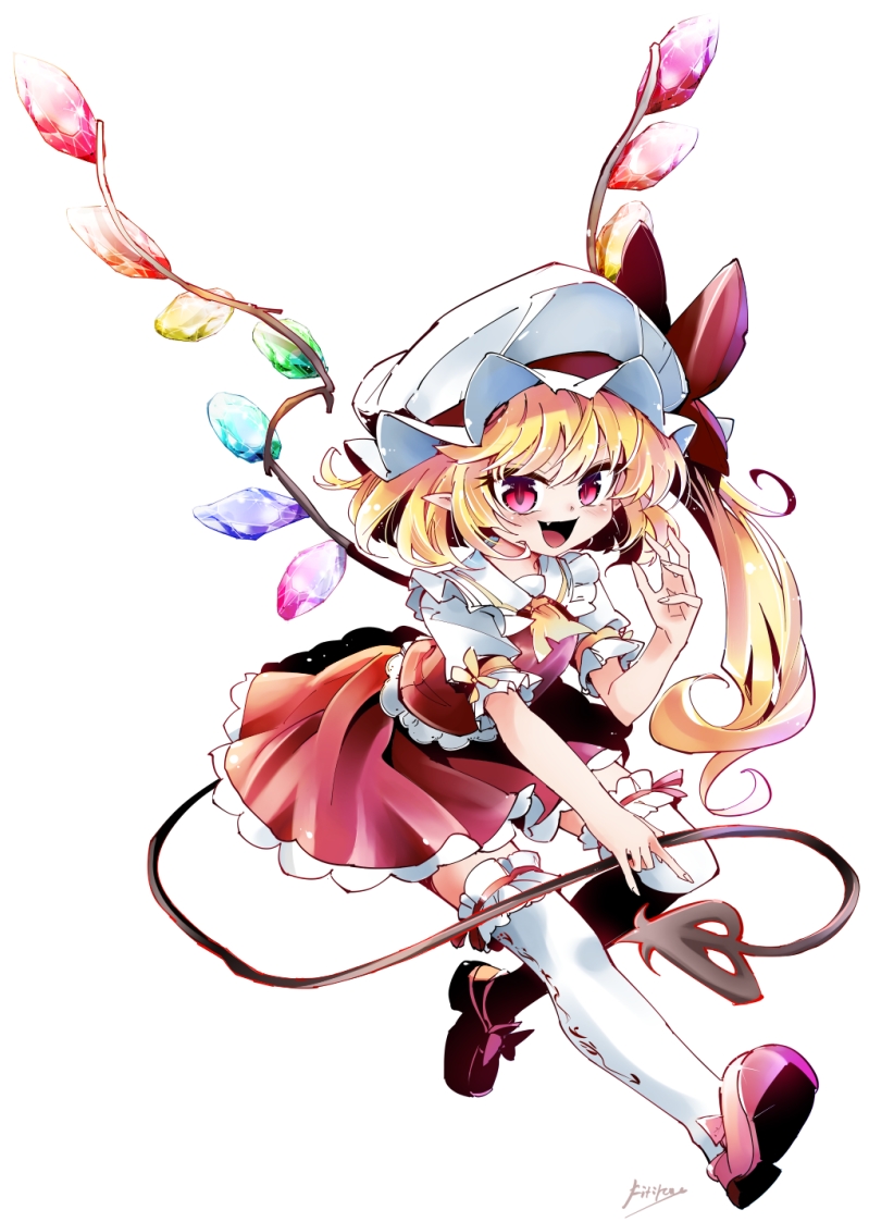 1girl ascot blonde_hair bow crystal fang fifiruu flandre_scarlet frills hat hat_ribbon medium_hair mob_cap one_side_up puffy_short_sleeves puffy_sleeves red_bow red_eyes red_ribbon red_vest ribbon shirt short_sleeves side_ponytail skirt skirt_set solo touhou vest wings yellow_neckwear