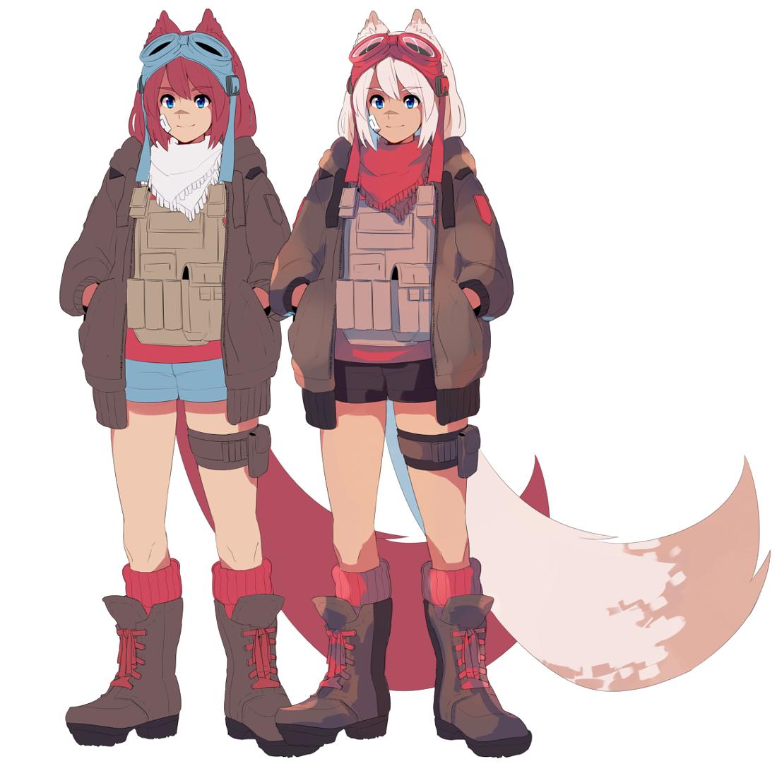 1girl animal_ears azuumori bandaid bandaid_on_cheek bandana boots brown_footwear brown_jacket bulletproof_vest closed_mouth dual_persona goggles goggles_on_headwear hands_in_pockets jacket long_tail medium_hair multiple_views open_clothes open_jacket original pouch red_legwear redhead scar scar_on_face scar_on_nose smile socks standing tactical_clothes tail thigh_strap white_background