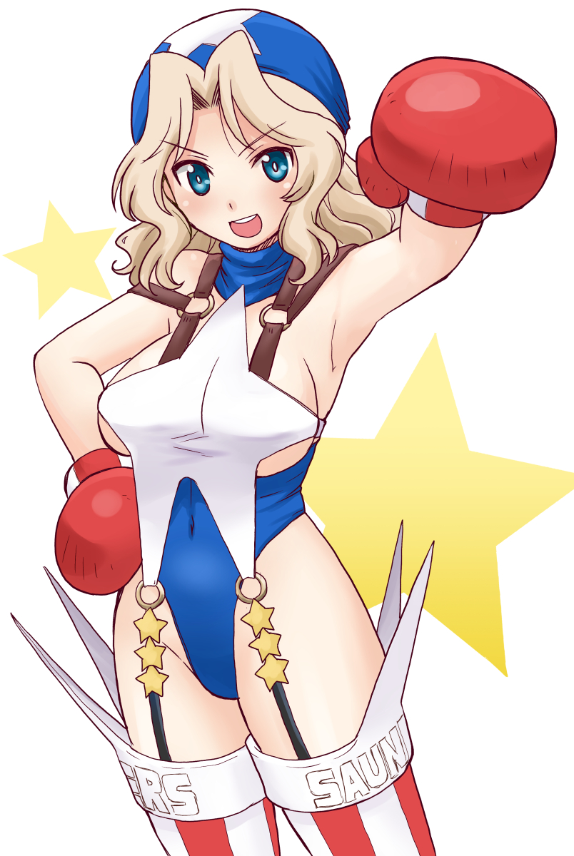 1girl arm_up bandana blonde_hair blue_bandana blue_eyes blue_headwear blue_leotard boxing_gloves breasts clothes_writing commentary cosplay covered_navel cowboy_shot eyebrows_visible_through_hair girls_und_panzer hair_intakes hand_on_hip highleg highleg_leotard highres kay_(girls_und_panzer) large_breasts leotard long_hair looking_at_viewer o-ring open_mouth red_legwear rival_schools smile solo standing star_(symbol) striped striped_legwear thigh-highs tiffany_lords tiffany_lords_(cosplay) uona_telepin vertical-striped_legwear vertical_stripes white_leotard