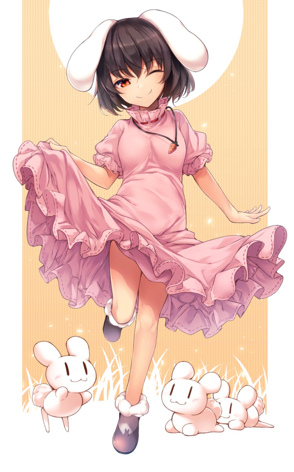 1girl :3 animal animal_ears black_hair breasts carrot_necklace closed_mouth dress dress_lift eyebrows_visible_through_hair highres inaba_tewi looking_at_viewer midori_(misuriru8) one_eye_closed pink_dress rabbit rabbit_ears red_eyes short_hair short_sleeves small_breasts smile touhou