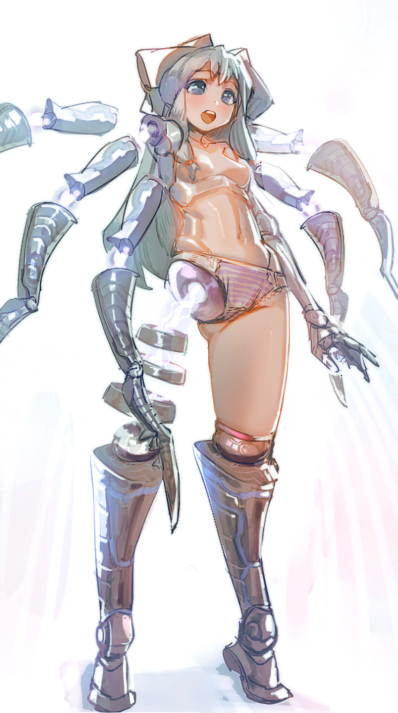 1girl :d blush bow_(bhp) breasts cyborg detached_arm detached_legs extra_arms grey_eyes grey_hair long_hair looking_at_viewer navel open_mouth original panties simple_background small_breasts smile solo standing striped striped_panties underwear white_background
