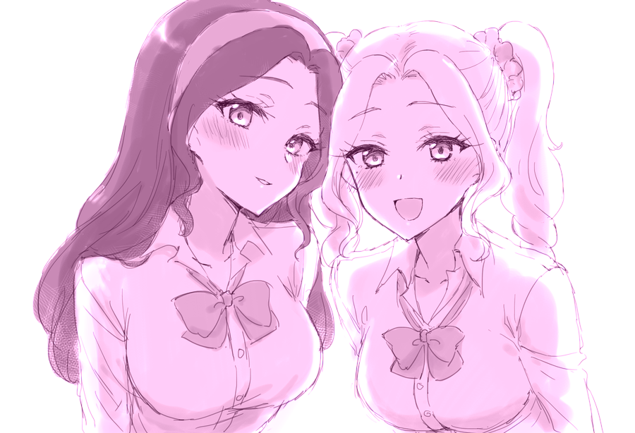 2girls :d aikatsu! aikatsu!_(series) blush bow bowtie breasts collared_shirt daichi_nono drill_hair hair_intakes hair_ornament hair_scrunchie hairband large_breasts long_hair long_sleeves looking_at_viewer loose_bowtie medium_breasts mole mole_under_eye monochrome multiple_girls open_mouth parted_lips sbs school_uniform scrunchie shirakaba_risa shirt simple_background smile twin_drills twintails upper_body white_background