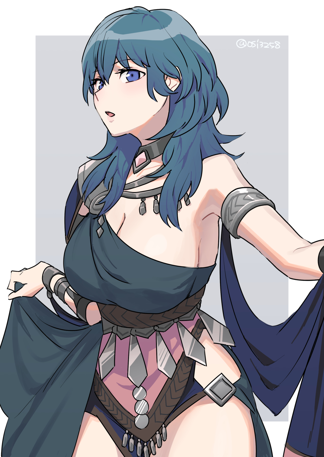 1girl alternate_costume armlet armor asymmetrical_clothes bangs bare_arms bare_shoulders blue_eyes blue_hair bracelet breasts byleth_(fire_emblem) byleth_eisner_(female) collar dancer dress eyebrows_visible_through_hair fire_emblem fire_emblem:_three_houses hair_between_eyes highres jewelry large_breasts long_hair looking_away necklace official_alternate_costume open_mouth parted_lips pelvic_curtain revealing_clothes shawl shoulder_armor sideboob simple_background solo thighs twitter_username ushiomi