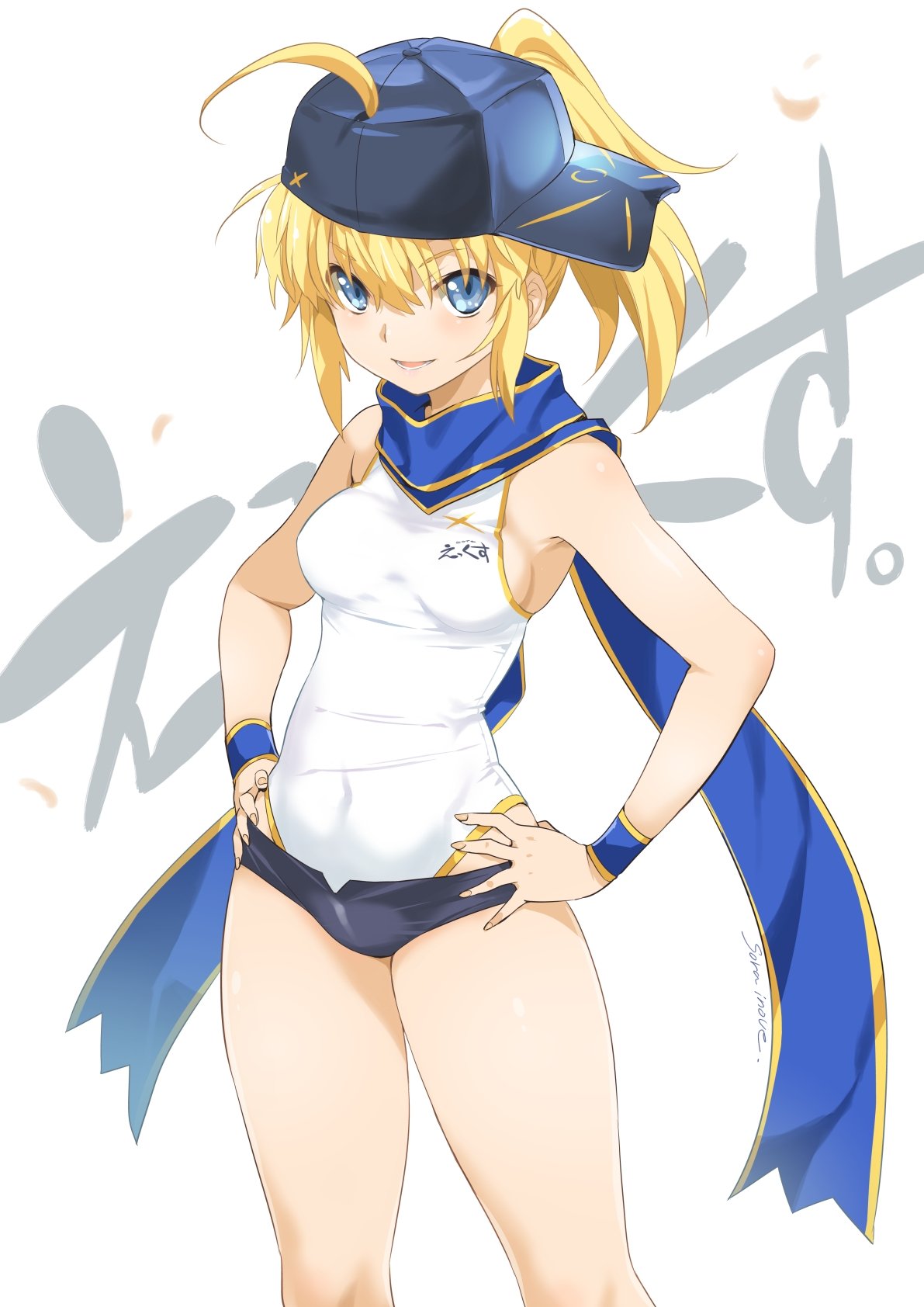 1girl artist_name artoria_pendragon_(all) background_text bangs baseball_cap black_shorts blue_headwear blue_scarf breasts character_name clothes_writing commentary_request covered_navel fate/grand_order fate_(series) hair_through_headwear hands_on_hips hat highres inoue_sora looking_at_viewer medium_hair micro_shorts mysterious_heroine_x one-piece_swimsuit open_mouth ponytail scarf shorts sideways_hat signature simple_background small_breasts smile solo standing swimsuit white_background white_swimsuit wristband