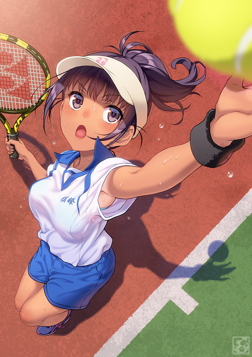 1girl gym_uniform pairan sport sweat sweating tennis_ball tennis_racket visor_cap