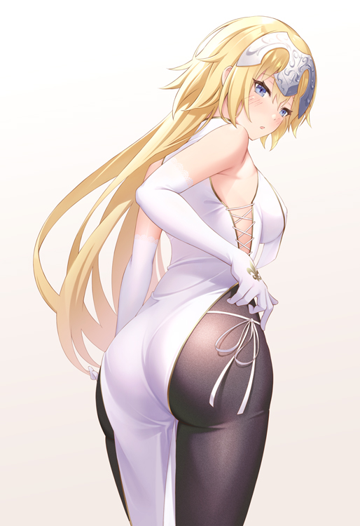 1girl ass back bangs black_legwear blonde_hair blue_eyes blush breasts dress elbow_gloves fate/apocrypha fate_(series) gloves headpiece jeanne_d'arc_(fate) jeanne_d'arc_(fate)_(all) large_breasts long_hair looking_at_viewer looking_back pantyhose sogdin thighs very_long_hair white_dress white_gloves