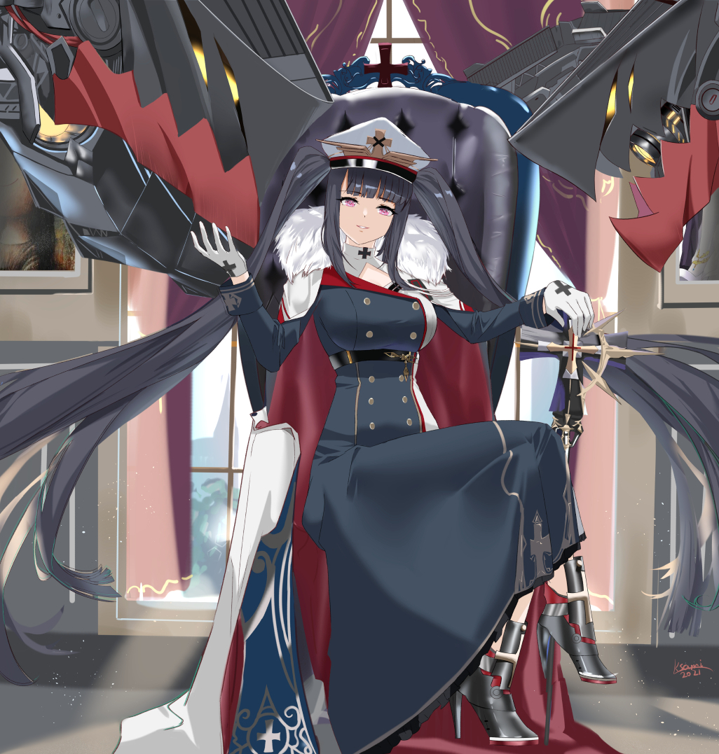 1girl armored_shoes azur_lane black_coat black_hair breasts cane cape coat crossed_legs double-breasted fur-trimmed_cape fur_trim gloves hat high_heels indoors large_breasts long_hair looking_at_viewer mechanical_animal military military_uniform peaked_cap peter_strasser_(azur_lane) pink_eyes qwe_24 sitting solo twintails two-tone_cape uniform very_long_hair white_gloves white_headwear window