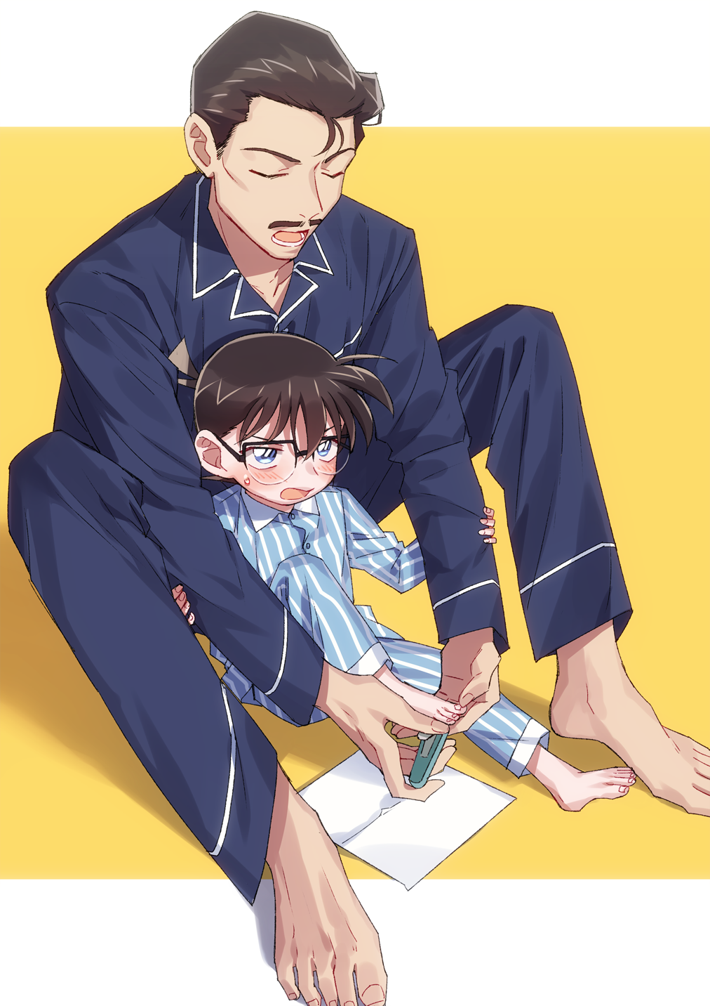 2boys arm_grab bangs barefoot black-framed_eyewear black_hair blue_eyes blue_pajamas blush brown_hair clipping_nails collarbone commentary_request edogawa_conan facial_hair fingernails glasses highres holding_another's_foot k_(gear_labo) leg_up long_sleeves lower_teeth male_focus meitantei_conan mouri_kogoro multiple_boys mustache nail_clippers open_mouth pajamas paper short_hair sitting striped striped_pajamas sweatdrop toenails toes two-tone_background white_background yellow_background