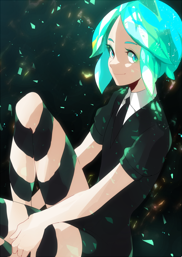 1other azuumori black_neckwear black_shirt closed_mouth collared_shirt commentary from_side green_eyes green_hair houseki_no_kuni looking_at_viewer looking_to_the_side necktie phosphophyllite puffy_short_sleeves puffy_sleeves shirt short_sleeves sideways_glance sitting smile solo white_shirt wing_collar