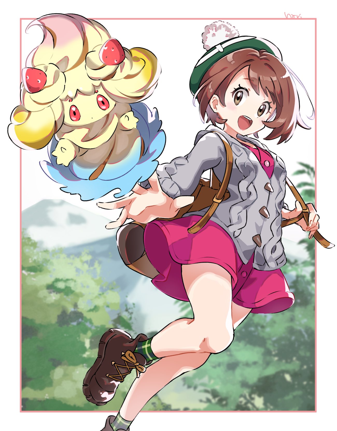 1girl :d alcremie backpack bag bangs blush bob_cut boots brown_bag brown_eyes brown_footwear brown_hair buttons cardigan collared_dress commentary_request dress eyelashes framed gen_8_pokemon gloria_(pokemon) green_headwear green_legwear grey_cardigan hari611 hat highres holding_strap hooded_cardigan looking_at_viewer open_mouth pink_dress plaid plaid_legwear pokemon pokemon_(creature) pokemon_(game) pokemon_swsh short_hair signature smile socks spread_fingers tam_o'_shanter teeth tongue