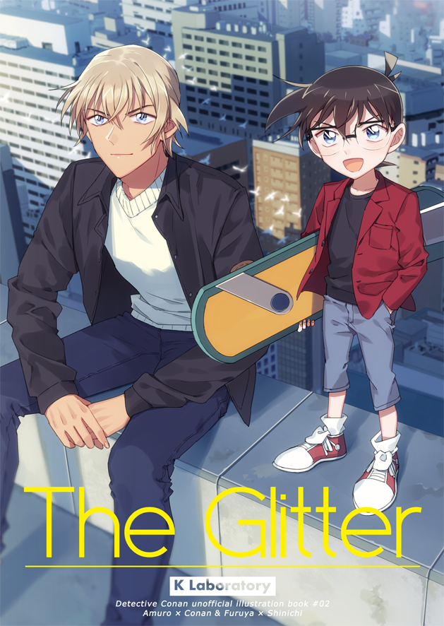 2boys :d amuro_tooru animal artist_name bangs bird black-framed_eyewear black_jacket black_shirt blonde_hair blue_eyes blue_pants brown_hair building buttons cardigan character_name child cityscape closed_mouth collared_shirt commentary_request cover cover_page day edogawa_conan english_text feet_out_of_frame fingernails glasses grey_shorts hair_between_eyes hand_in_pocket holding holding_skateboard jacket k_(gear_labo) long_sleeves looking_at_viewer meitantei_conan multiple_boys on_roof open_clothes open_mouth open_shirt outdoors own_hands_together pants red_shirt shirt shoes short_hair shorts sitting skateboard skyscraper smile sneakers standing white_cardigan