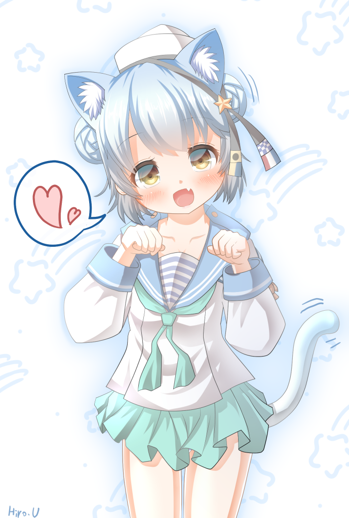 1girl animal_ear_fluff animal_ears aqua_neckwear aqua_skirt black_ribbon blue_hair blue_sailor_collar brown_eyes cat_ears cat_tail commentary_request cowboy_shot dixie_cup_hat double_bun fang hat hat_ribbon heart kantai_collection kemonomimi_mode long_sleeves looking_at_viewer military_hat miniskirt neckerchief paw_pose pleated_skirt ribbon sailor_collar samuel_b._roberts_(kantai_collection) school_uniform serafuku shirt short_hair skin_fang skirt sleeve_cuffs smile solo spoken_heart standing tail uraguchi_hiiro white_background white_headwear white_shirt