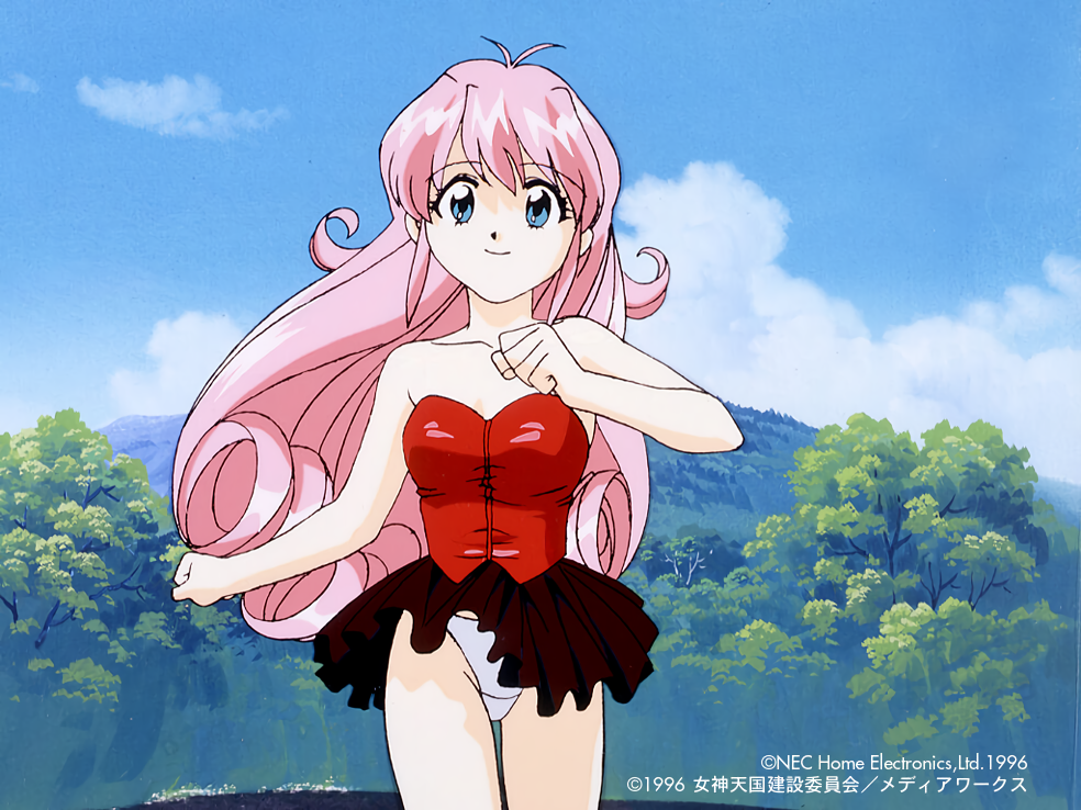 1990s_(style) 1996 1girl bangs bare_shoulders blue_eyes company_name copyright cowboy_shot day eyebrows_visible_through_hair long_hair megami_paradise nature official_art outdoors panties pink_hair pleated_skirt red_skirt rurubell skirt smile solo strapless underwear white_panties yamauchi_noriyasu