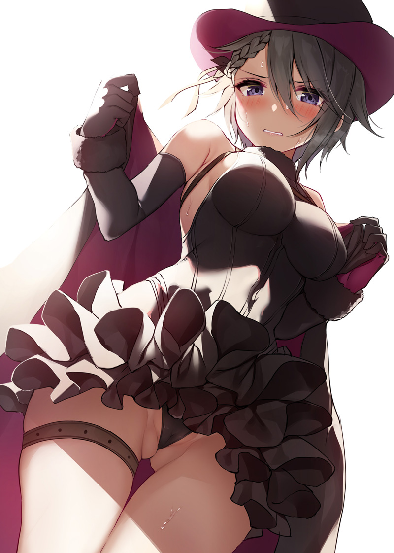 1girl ange_(princess_principal) ass_visible_through_thighs bangs black_cape black_dress black_gloves black_panties blue_eyes blush braid breasts cape dress dutch_angle elbow_gloves exe_(xe) gloves grey_hair hands_up hat holding holding_cape looking_at_viewer medium_breasts panties princess_principal short_hair simple_background solo sweat thigh_strap top_hat underwear white_background