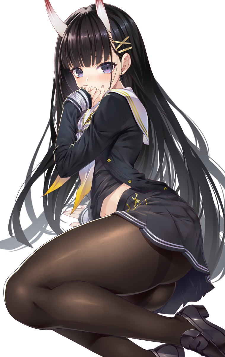 1girl ass azur_lane black_hair blush brown_legwear commentary_request covering_mouth earrings emanon123 from_side hair_tie highres horns jewelry loafers long_hair midriff midriff_peek noshiro_(azur_lane) oni_horns pantyhose school_uniform serafuku shoes solo thick_thighs thighs violet_eyes white_background yellow_neckwear