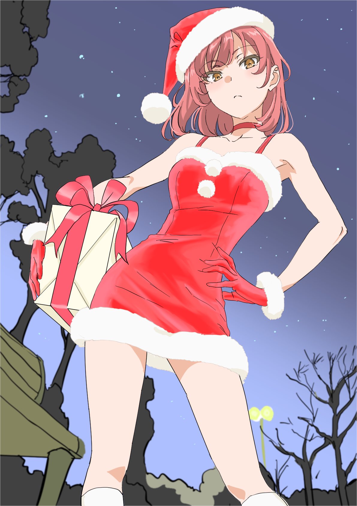 1girl bangs bare_tree bench blue_sky choker christmas closed_mouth commentary contrapposto dress eyebrows_visible_through_hair frown gift gloves hand_on_hip hat highres holding holding_gift kamisato_saki kneehighs lamppost looking_at_viewer medium_hair night night_sky orange_eyes orie outdoors red_choker red_dress red_gloves red_headwear redhead santa_dress santa_gloves santa_hat seishun_buta_yarou short_dress sky solo spaghetti_strap standing star_(sky) starry_sky tree white_legwear