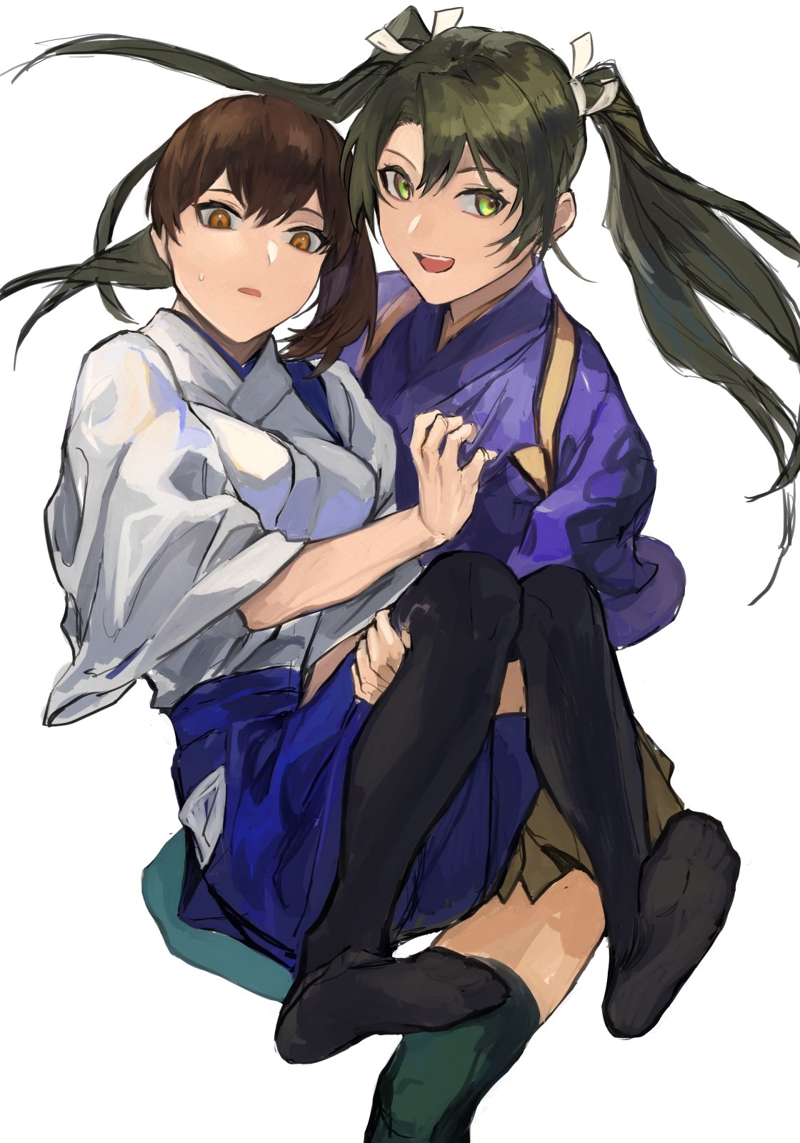 2girls bangs black_legwear blue_hakama breasts brown_eyes brown_hair brown_hakama carrying fukazaki green_eyes green_hair green_legwear hair_ribbon hakama hakama_skirt highres japanese_clothes kaga_(kantai_collection) kantai_collection large_breasts long_hair multiple_girls open_mouth ponytail princess_carry ribbon side_ponytail simple_background sweat tasuki thigh-highs twintails white_background zuikaku_(kantai_collection)