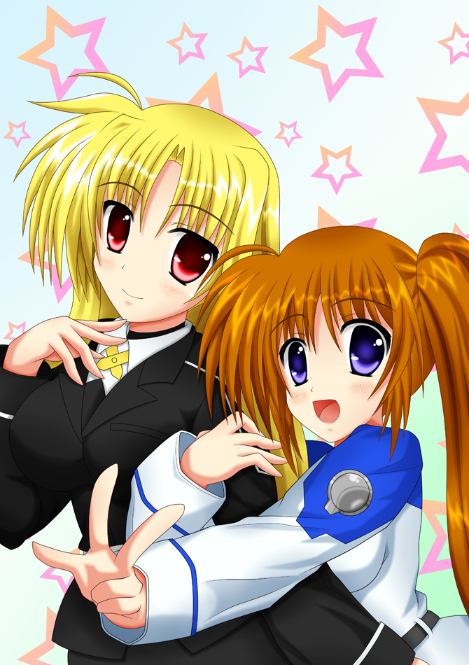 blonde_hair blush breasts clinging fate_testarossa happy large_breasts long_hair lyrical_nanoha mahou_shoujo_lyrical_nanoha mahou_shoujo_lyrical_nanoha_strikers military military_uniform open_mouth orange_hair raikkonen713 red_eyes side_ponytail simple_background smile star_(symbol) takamachi_nanoha tsab_air_military_uniform tsab_executive_military_uniform uniform very_long_hair violet_eyes yuri