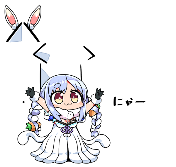 1girl :3 animal_ears arms_up bangs black_gloves black_leotard blue_hair blush bow braid brown_eyes carrot_hair_ornament closed_mouth detached_ears detached_sleeves don-chan_(usada_pekora) dress eyebrows_visible_through_hair food_themed_hair_ornament fur-trimmed_gloves fur_trim gloves hair_bow hair_ornament hololive kanikama leotard multicolored_hair puffy_short_sleeves puffy_sleeves rabbit_ears short_eyebrows short_sleeves strapless strapless_dress strapless_leotard thick_eyebrows translation_request twin_braids twintails two-tone_hair usada_pekora virtual_youtuber white_background white_bow white_dress white_hair white_sleeves