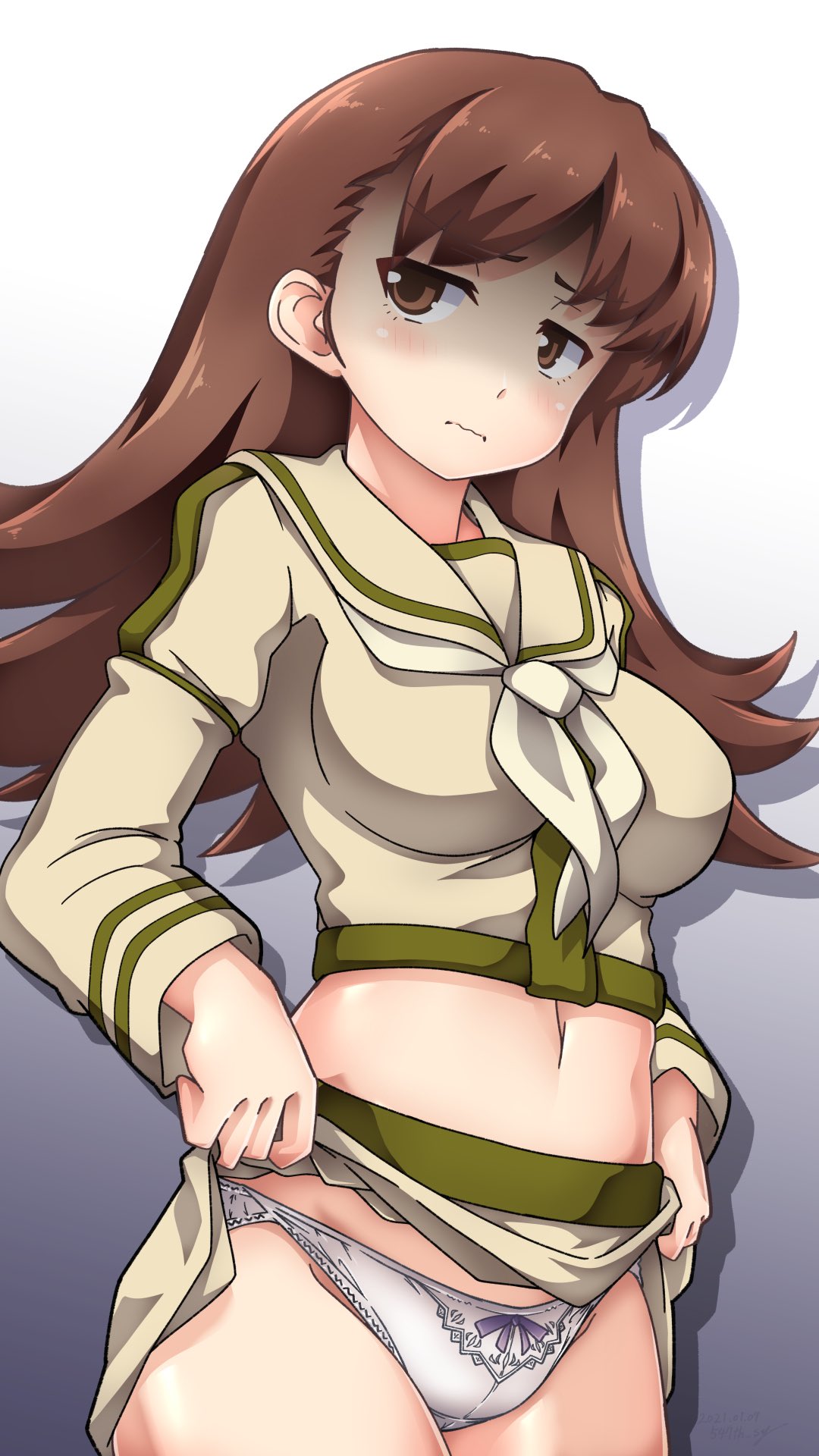 1girl 547th_sy bangs breasts brown_eyes brown_hair closed_mouth eyebrows_visible_through_hair gradient gradient_background highres kantai_collection large_breasts lifted_by_self long_hair long_sleeves midriff navel neckerchief ooi_(kantai_collection) panties remodel_(kantai_collection) sailor_collar school_uniform serafuku shaded_face simple_background skirt skirt_lift solo underwear wavy_mouth white_panties