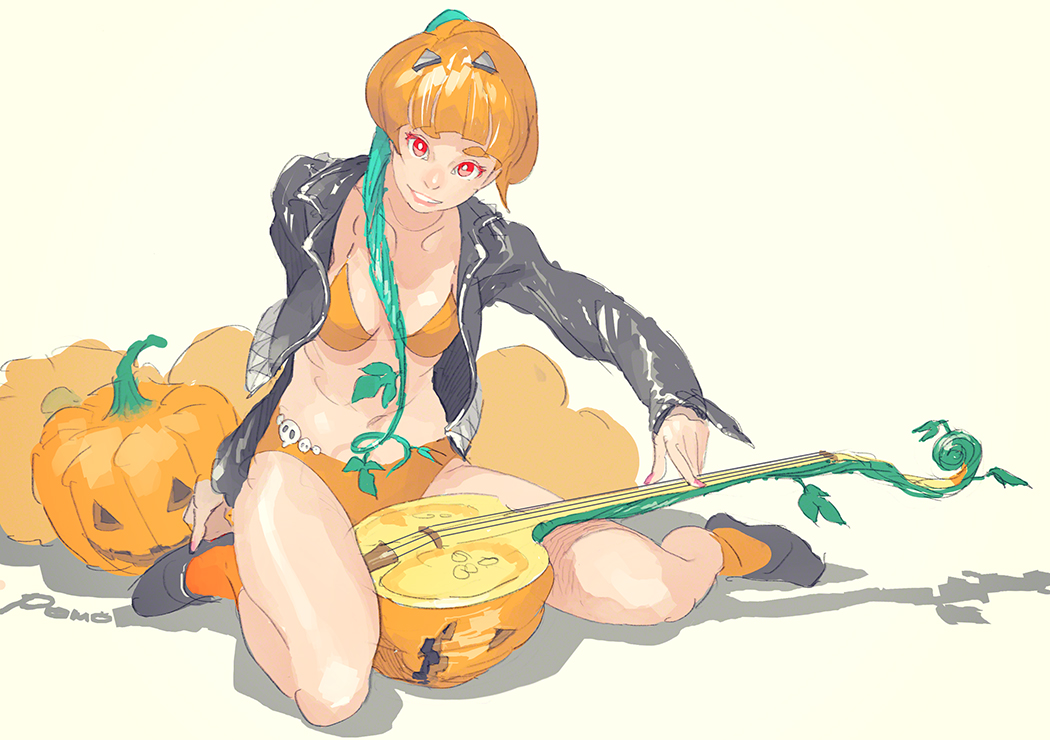 1girl bangs bikini black_footwear full_body halloween jacket leaf leather leather_jacket looking_at_viewer navel orange_bikini orange_hair orange_legwear original parted_lips pink_nails plant pomodorosa red_eyes shadow shoes short_hair sitting smile socks solo swimsuit vines