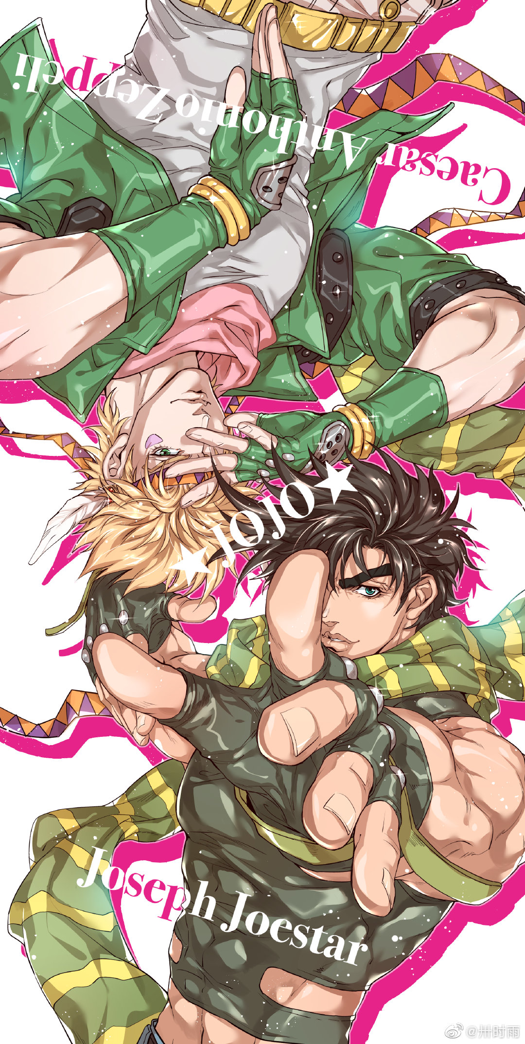 2boys abs aqua_eyes artist_name bare_shoulders battle_tendency belt blonde_hair brown_hair caesar_anthonio_zeppeli character_name chinese_commentary clothing_cutout colored_shadow commentary_request copyright_name crop_top facial_mark feathers fingerless_gloves gloves green_eyes green_gloves green_jacket hair_feathers hand_up headband highres jacket jojo_no_kimyou_na_bouken jojo_pose joseph_joestar_(young) light_smile looking_at_viewer male_focus multicolored multicolored_clothes multicolored_scarf multiple_boys muscular navel one_eye_covered outstretched_arm parted_lips pink_scarf pose reaching_out sashiyu scarf shadow shirt short_hair sleeveless sparkle star_(symbol) striped striped_scarf tank_top triangle_print upper_body upside-down watermark white_shirt